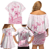 Personalised Polynesia Breast Cancer Awareness Family Matching Off Shoulder Short Dress and Hawaiian Shirt No One Fights Alone Turtle Ribbon - White Version LT14 - Polynesian Pride