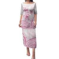 Personalised Polynesia Breast Cancer Awareness Family Matching Puletasi and Hawaiian Shirt No One Fights Alone Turtle Ribbon - White Version LT14 Mom's Dress White - Polynesian Pride