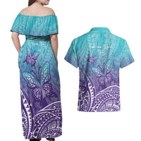 Polynesia Suicide Prevention Month Couples Matching Off Shoulder Maxi Dress and Hawaiian Shirt Butterfly Purple And Teal Ribbon Tomorrow Needs You LT14 - Polynesian Pride