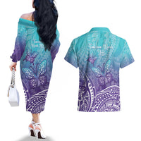 Polynesia Suicide Prevention Month Couples Matching Off The Shoulder Long Sleeve Dress and Hawaiian Shirt Butterfly Purple And Teal Ribbon Tomorrow Needs You LT14 - Polynesian Pride