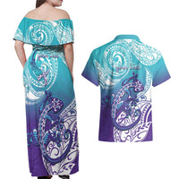 Personalised New Zealand Suicide Prevention Month Couples Matching Off Shoulder Maxi Dress and Hawaiian Shirt You Matter NZ Fern With Maori Koru Lizard LT14 - Polynesian Pride