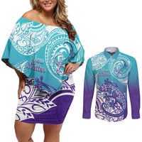 Personalised New Zealand Suicide Prevention Month Couples Matching Off Shoulder Short Dress and Long Sleeve Button Shirt You Matter NZ Fern With Maori Koru Lizard LT14 Teal - Polynesian Pride