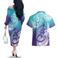 Personalised New Zealand Suicide Prevention Month Couples Matching Off The Shoulder Long Sleeve Dress and Hawaiian Shirt You Matter NZ Fern With Maori Koru Lizard LT14 - Polynesian Pride