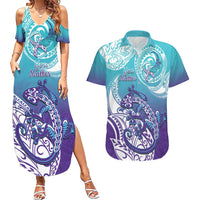 Personalised New Zealand Suicide Prevention Month Couples Matching Summer Maxi Dress and Hawaiian Shirt You Matter NZ Fern With Maori Koru Lizard LT14 Teal - Polynesian Pride