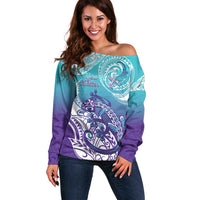 Personalised New Zealand Suicide Prevention Month Off Shoulder Sweater You Matter NZ Fern With Maori Koru Lizard LT14 Women Teal - Polynesian Pride