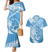 Personalised New Zealand Autism Awareness Couples Matching Mermaid Dress and Hawaiian Shirt NZ Fern With Maori Koru Lizard LT14 Blue - Polynesian Pride