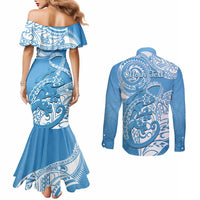 Personalised New Zealand Autism Awareness Couples Matching Mermaid Dress and Long Sleeve Button Shirt NZ Fern With Maori Koru Lizard LT14 - Polynesian Pride