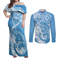 Personalised New Zealand Autism Awareness Couples Matching Off Shoulder Maxi Dress and Long Sleeve Button Shirt NZ Fern With Maori Koru Lizard LT14 Blue - Polynesian Pride