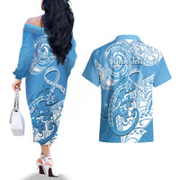 Personalised New Zealand Autism Awareness Couples Matching Off The Shoulder Long Sleeve Dress and Hawaiian Shirt NZ Fern With Maori Koru Lizard LT14 - Polynesian Pride