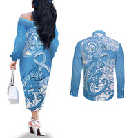 Personalised New Zealand Autism Awareness Couples Matching Off The Shoulder Long Sleeve Dress and Long Sleeve Button Shirt NZ Fern With Maori Koru Lizard LT14 - Polynesian Pride