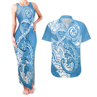 Personalised New Zealand Autism Awareness Couples Matching Tank Maxi Dress and Hawaiian Shirt NZ Fern With Maori Koru Lizard LT14 Blue - Polynesian Pride