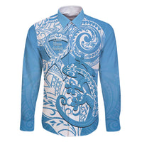 Personalised New Zealand Autism Awareness Family Matching Summer Maxi Dress and Hawaiian Shirt NZ Fern With Maori Koru Lizard LT14 Dad's Shirt - Long Sleeve Blue - Polynesian Pride