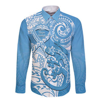 Personalised New Zealand Autism Awareness Long Sleeve Button Shirt NZ Fern With Maori Koru Lizard LT14 Unisex Blue - Polynesian Pride