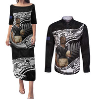 Custom New Zealand Silver Fern Rugby Couples Matching Puletasi and Long Sleeve Button Shirt 2024 Aotearoa Maori Mascot Go All Black LT14 Black - Polynesian Pride