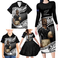 Custom New Zealand Silver Fern Rugby Family Matching Long Sleeve Bodycon Dress and Hawaiian Shirt 2024 Aotearoa Maori Mascot Go All Black LT14 - Polynesian Pride