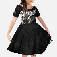 Custom New Zealand Silver Fern Rugby Family Matching Short Sleeve Bodycon Dress and Hawaiian Shirt 2024 Aotearoa Maori Mascot Go All Black LT14 Daughter's Dress Black - Polynesian Pride