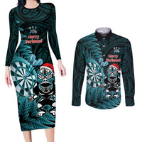 Personalised New Zealand Darts Christmas Couples Matching Long Sleeve Bodycon Dress and Long Sleeve Button Shirt Maori Fern Merry Dartsmas LT14 Cyan - Polynesian Pride