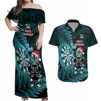 Personalised New Zealand Darts Christmas Couples Matching Off Shoulder Maxi Dress and Hawaiian Shirt Maori Fern Merry Dartsmas LT14 Cyan - Polynesian Pride