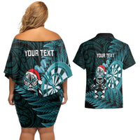 Personalised New Zealand Darts Christmas Couples Matching Off Shoulder Short Dress and Hawaiian Shirt Maori Fern Merry Dartsmas LT14 - Polynesian Pride