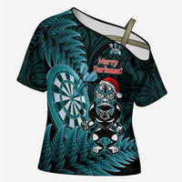 Personalised New Zealand Darts Christmas Cross Shoulder Shirt Maori Fern Merry Dartsmas LT14 Female Cyan - Polynesian Pride
