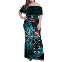 Personalised New Zealand Darts Christmas Family Matching Off Shoulder Maxi Dress and Hawaiian Shirt Maori Fern Merry Dartsmas LT14 Mom's Dress Cyan - Polynesian Pride