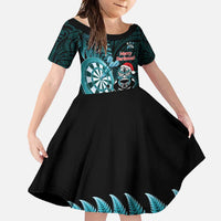 Personalised New Zealand Darts Christmas Family Matching Tank Maxi Dress and Hawaiian Shirt Maori Fern Merry Dartsmas LT14 Daughter's Dress Cyan - Polynesian Pride