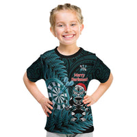 Personalised New Zealand Darts Christmas Kid T Shirt Maori Fern Merry Dartsmas LT14 Cyan - Polynesian Pride