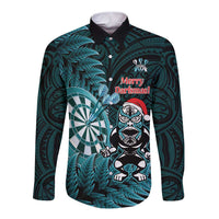 Personalised New Zealand Darts Christmas Long Sleeve Button Shirt Maori Fern Merry Dartsmas LT14 Unisex Cyan - Polynesian Pride