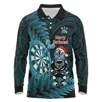 Personalised New Zealand Darts Christmas Long Sleeve Polo Shirt Maori Fern Merry Dartsmas LT14 Cyan - Polynesian Pride