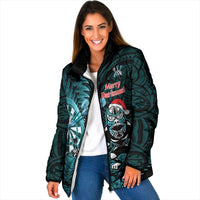 Personalised New Zealand Darts Christmas Padded Jacket Maori Fern Merry Dartsmas LT14 Women Cyan - Polynesian Pride