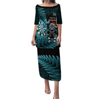 Personalised New Zealand Darts Christmas Puletasi Maori Fern Merry Dartsmas LT14 Long Dress Cyan - Polynesian Pride