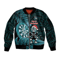 Personalised New Zealand Darts Christmas Sleeve Zip Bomber Jacket Maori Fern Merry Dartsmas LT14 Unisex Cyan - Polynesian Pride