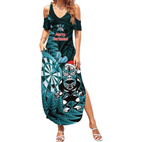 Personalised New Zealand Darts Christmas Summer Maxi Dress Maori Fern Merry Dartsmas LT14 Women Cyan - Polynesian Pride