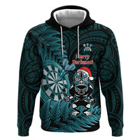 Personalised New Zealand Darts Christmas Zip Hoodie Maori Fern Merry Dartsmas LT14 Pullover Hoodie Cyan - Polynesian Pride