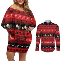 New Zealand Darts Christmas Couples Matching Off Shoulder Short Dress and Long Sleeve Button Shirt Merry Xmas Aotearoa Maori Red LT14 Red - Polynesian Pride