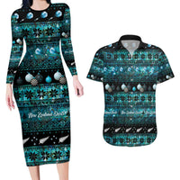 New Zealand Darts Christmas Couples Matching Long Sleeve Bodycon Dress and Hawaiian Shirt Merry Xmas Aotearoa Maori Paua Shell LT14 Cyan - Polynesian Pride