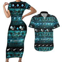 New Zealand Darts Christmas Couples Matching Short Sleeve Bodycon Dress and Hawaiian Shirt Merry Xmas Aotearoa Maori Paua Shell LT14 Cyan - Polynesian Pride