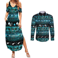 New Zealand Darts Christmas Couples Matching Summer Maxi Dress and Long Sleeve Button Shirt Merry Xmas Aotearoa Maori Paua Shell LT14 Cyan - Polynesian Pride