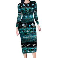 New Zealand Darts Christmas Family Matching Long Sleeve Bodycon Dress and Hawaiian Shirt Merry Xmas Aotearoa Maori Paua Shell LT14 Mom's Dress Cyan - Polynesian Pride