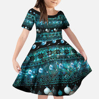 New Zealand Darts Christmas Kid Short Sleeve Dress Merry Xmas Aotearoa Maori Paua Shell LT14 KID Cyan - Polynesian Pride