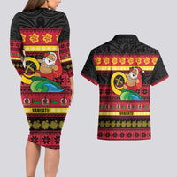 Vanuatu Christmas Couples Matching Long Sleeve Bodycon Dress and Hawaiian Shirt Joyeux Noel Surfing Santa With Boar Tusk LT14 - Polynesian Pride