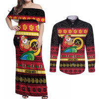 Vanuatu Christmas Couples Matching Off Shoulder Maxi Dress and Long Sleeve Button Shirt Joyeux Noel Surfing Santa With Boar Tusk LT14 Red - Polynesian Pride