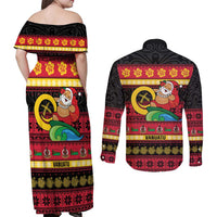 Vanuatu Christmas Couples Matching Off Shoulder Maxi Dress and Long Sleeve Button Shirt Joyeux Noel Surfing Santa With Boar Tusk LT14 - Polynesian Pride