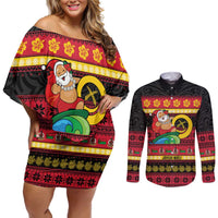 Vanuatu Christmas Couples Matching Off Shoulder Short Dress and Long Sleeve Button Shirt Joyeux Noel Surfing Santa With Boar Tusk LT14 Red - Polynesian Pride