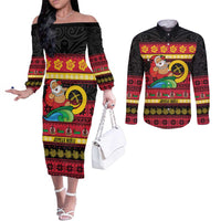 Vanuatu Christmas Couples Matching Off The Shoulder Long Sleeve Dress and Long Sleeve Button Shirt Joyeux Noel Surfing Santa With Boar Tusk LT14 Red - Polynesian Pride