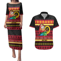 Vanuatu Christmas Couples Matching Puletasi and Hawaiian Shirt Joyeux Noel Surfing Santa With Boar Tusk LT14 Red - Polynesian Pride