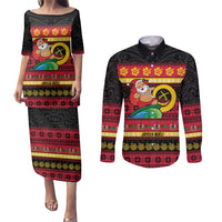 Vanuatu Christmas Couples Matching Puletasi and Long Sleeve Button Shirt Joyeux Noel Surfing Santa With Boar Tusk LT14 Red - Polynesian Pride