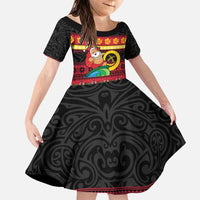 Vanuatu Christmas Family Matching Puletasi and Hawaiian Shirt Joyeux Noel Surfing Santa With Boar Tusk LT14 Daughter's Dress Red - Polynesian Pride