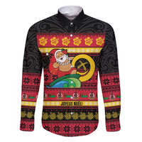 Vanuatu Christmas Family Matching Short Sleeve Bodycon Dress and Hawaiian Shirt Joyeux Noel Surfing Santa With Boar Tusk LT14 Dad's Shirt - Long Sleeve Red - Polynesian Pride