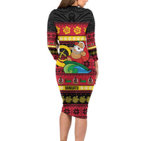 Vanuatu Christmas Long Sleeve Bodycon Dress Joyeux Noel Surfing Santa With Boar Tusk LT14 - Polynesian Pride